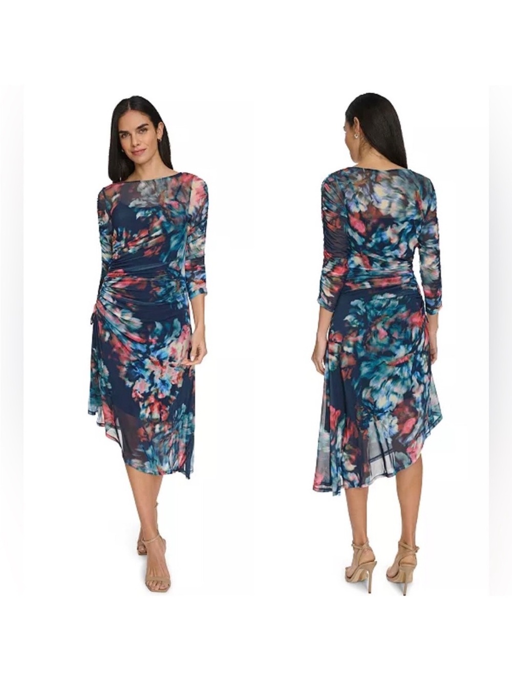 Calvin Klein Floral Navy Asymmetrical Midi Dress with Sheer Overlay. Size 16
